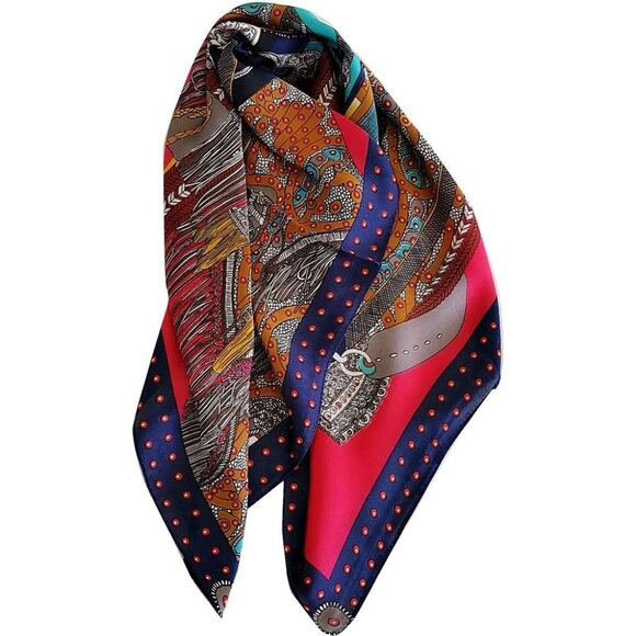 Silk Feeling Scarf Medium Square Satin Head 01 Dark Blue Edge - Picture 4 of 7